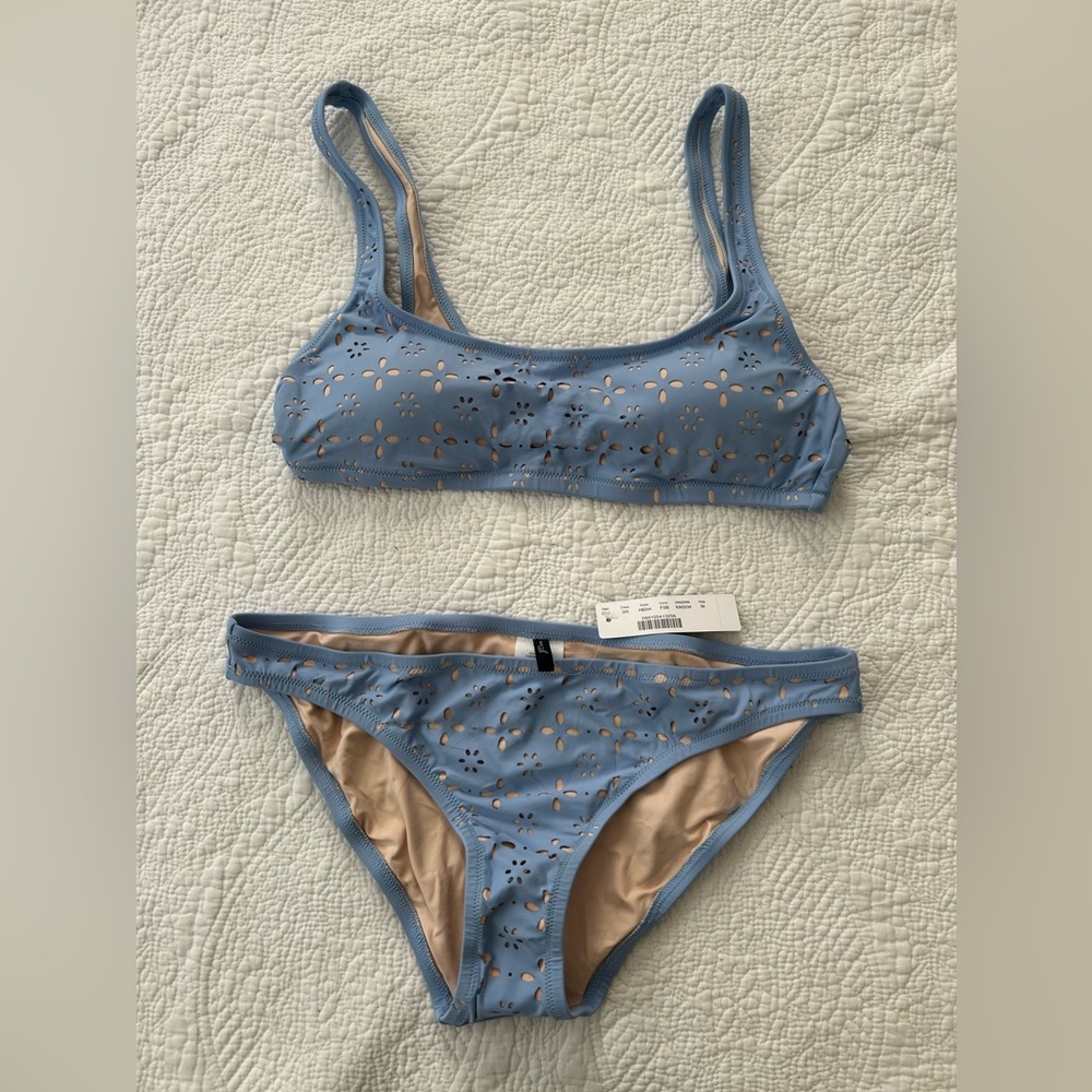 NWT J Crew laser cut bikini.Blue Sz M. 
Laser cut Teddie Top and Lowrider Bottom